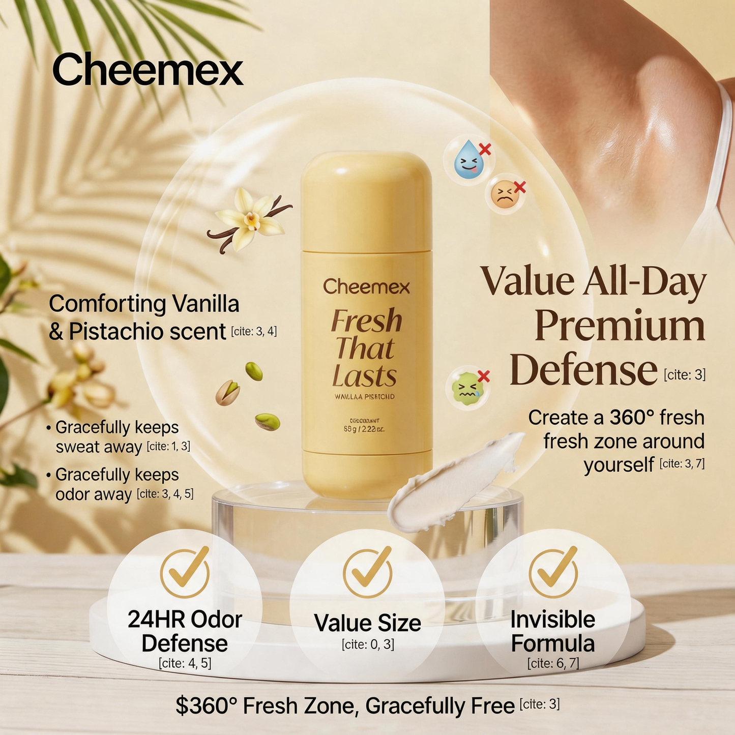 Cheemex Vanilla & Pistachio Deodorant — 24hr Aluminum‑Free Freshness, Brightening & Smooth Underarms