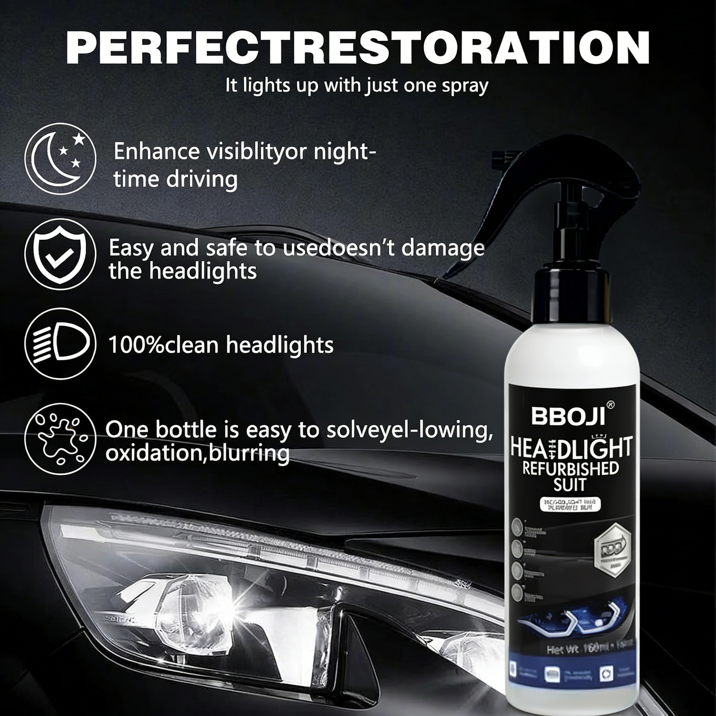 BBOJI Automotive Headlamp Restoration Fluid, oxidized and yellowed automotive headlamps, blurring enhanced crystalline coating refurbisher