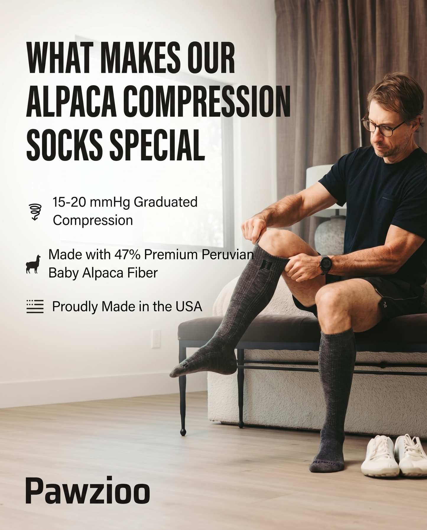 Alpaca compression Socks:  Reduces swelling, no marks, all-day comfort, slides on in seconds