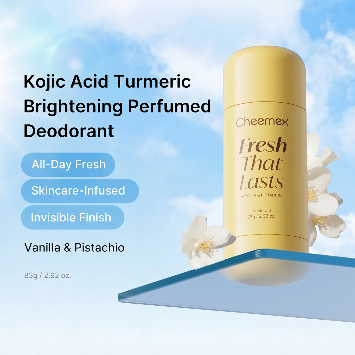 Cheemex Vanilla & Pistachio Deodorant — 24hr Aluminum‑Free Freshness, Brightening & Smooth Underarms