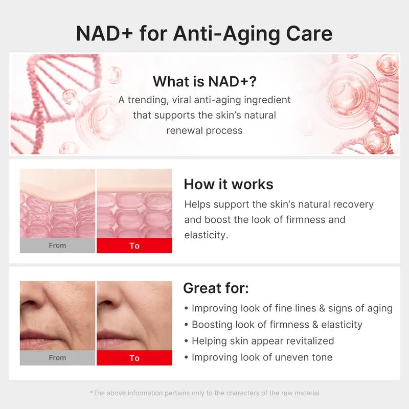 Advanced Korean skincare powered by NAD+, EGF, and firming actives to visibly tighten, hydrate, and rejuvenate tired skin.
