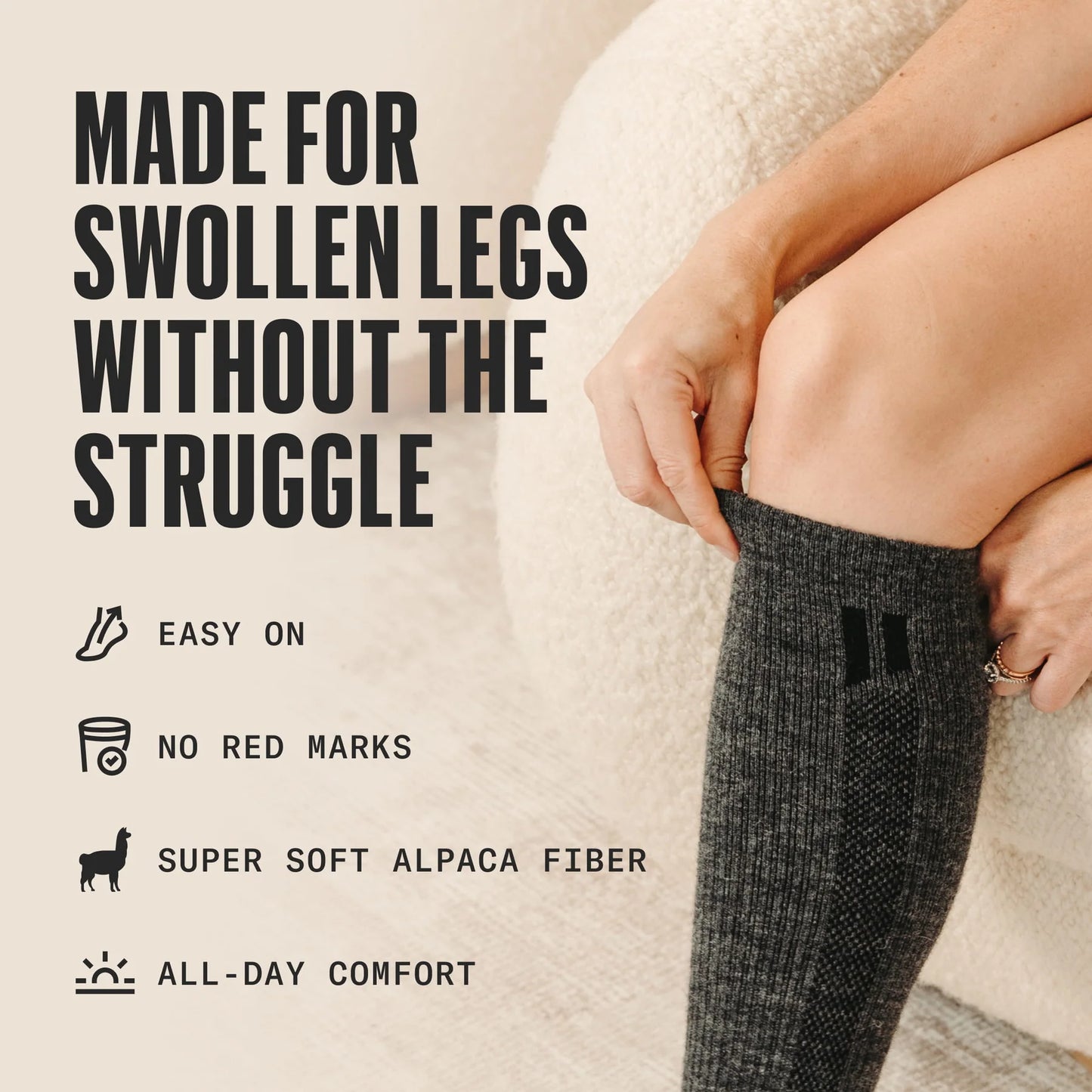 Alpaca compression Socks:  Reduces swelling, no marks, all-day comfort, slides on in seconds